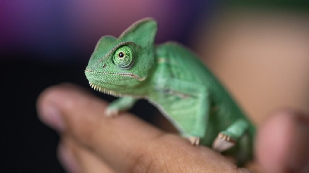Vibrant green chameleon resting on a person's hand, displaying intricate details.