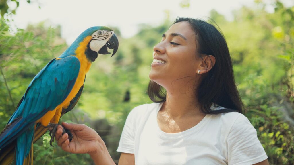 A woman lovingly interacts with a blue and gold macaw in a lush outdoor setting.
