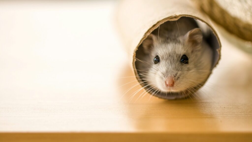 Close-up of a small hamster with a pink nose and long whiskers.