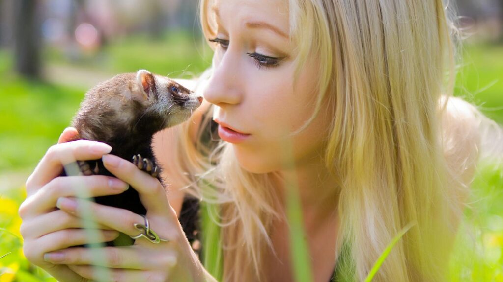 A young woman affectionately holding a ferret in a sunlit outdoor setting.