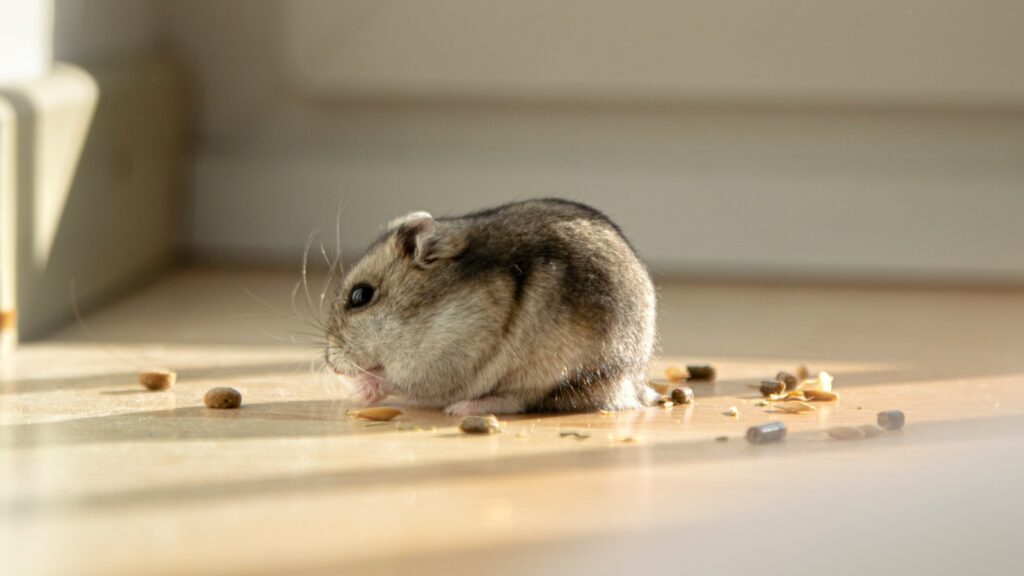 A grey and white hamster with dark eyes sitting on a light-colored surface with scattered food.