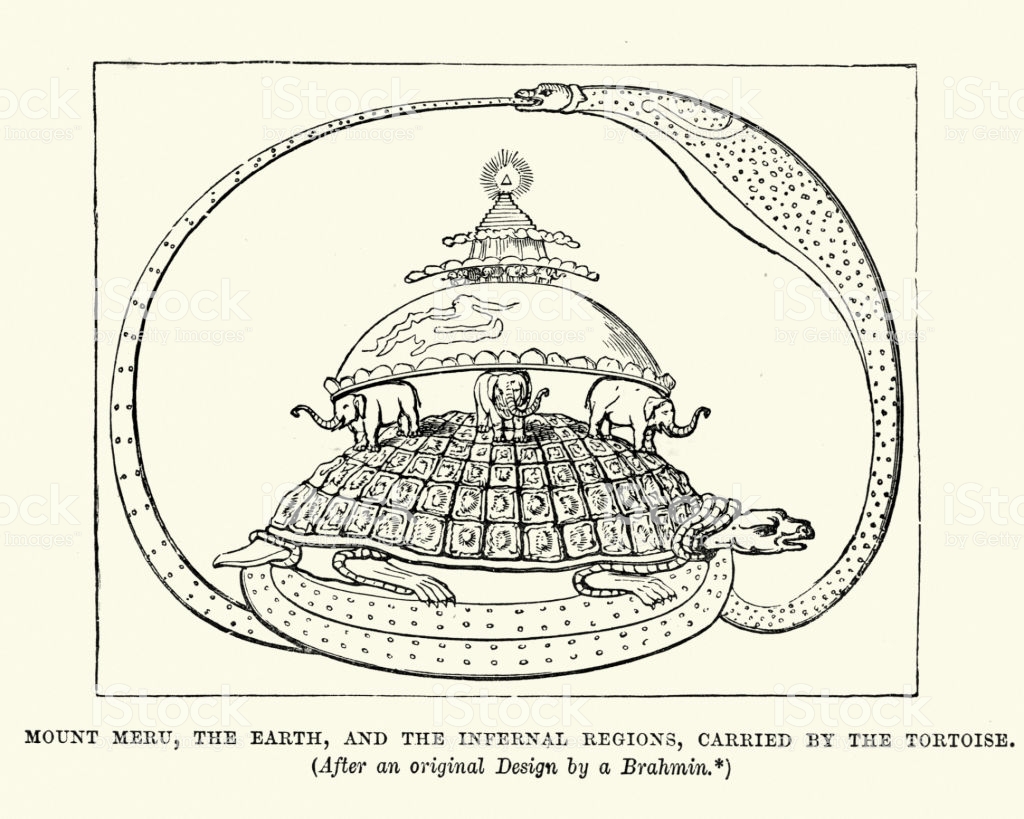 Vintage engraving showing Mount Meru, the Earthm and the Infernal Regions, carried on the back of a tortoise.